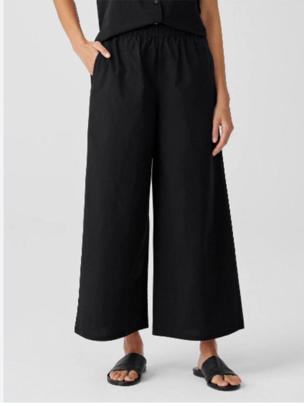 Eileen Fisher High Rise Washed Organic Cotton Poplin Wide Leg Black Pants Large